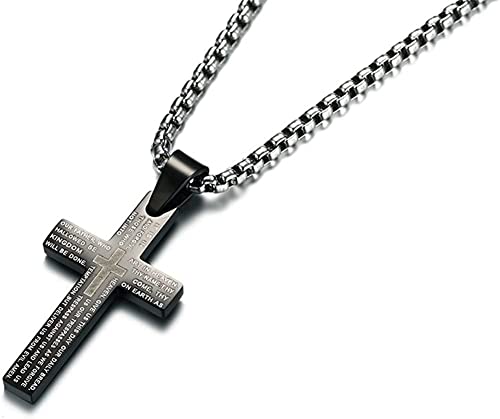 Asma Jewel House Men's Stainless Steel Lord's Prayer Bible Verse Engraved Cross Pendant Necklace,Free Chain (Black)