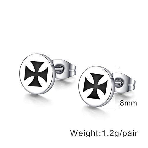 Asma Jewel House Unisex Stainless Steel Maltese Cross Small Round Stud 8mm Earrings for Men and Women