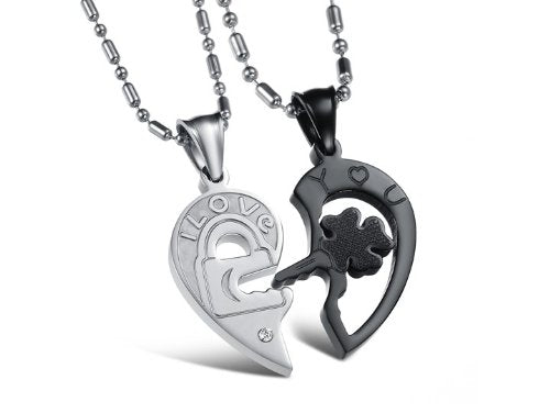 Asma Stainless Steel Silver and Black Couple Pendant Necklace (1 Pair) Gift for Lover