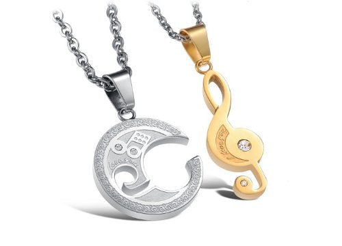 Asma Stainless Steel Couple Necklaces Inlaid Crystal Personalized Gold Musical Note and Silver Circle Puzzle Chain for Lovers Gift