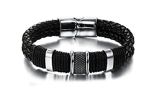 Asma Jewel House Genuine Leather Biker Bracelet Stainless Steel Magnetic Clasp Bracelet for Men