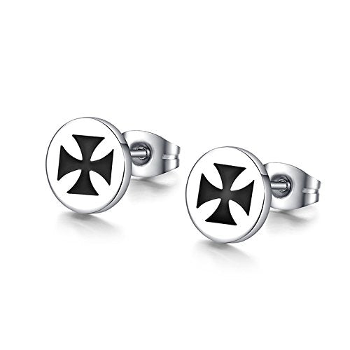 Asma Jewel House Unisex Stainless Steel Maltese Cross Small Round Stud 8mm Earrings for Men and Women