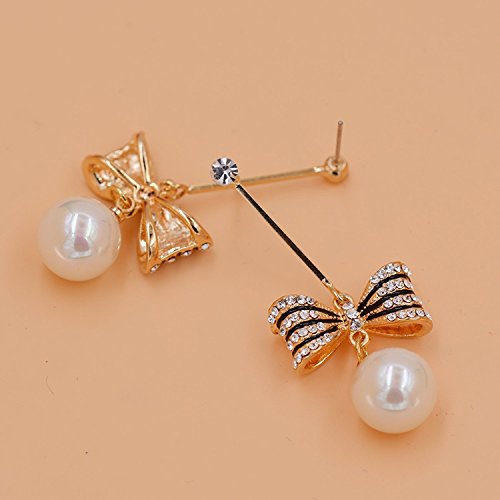 Asma Jewel House Simulated Pearl Bowknot Gold Tone Dangle White crystal Drop Earrings for women