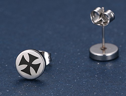 Asma Jewel House Unisex Stainless Steel Maltese Cross Small Round Stud 8mm Earrings for Men and Women