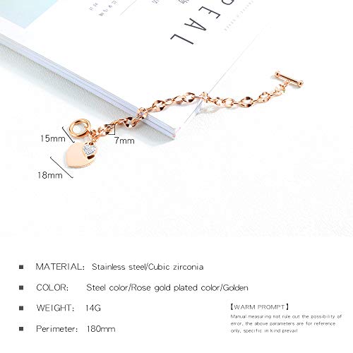 Asma Jewel House Link Rose Gold/Silver Tone Crystal Love Heart Tag Toggle Clasp Designer Charm Stainless Chain Bangle for Women (Rose Gold)