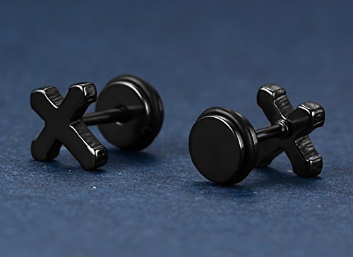 Asma Jewel House Stainless Steel Black Small Cross Stud Earrings with Screw Back for Men/Boys