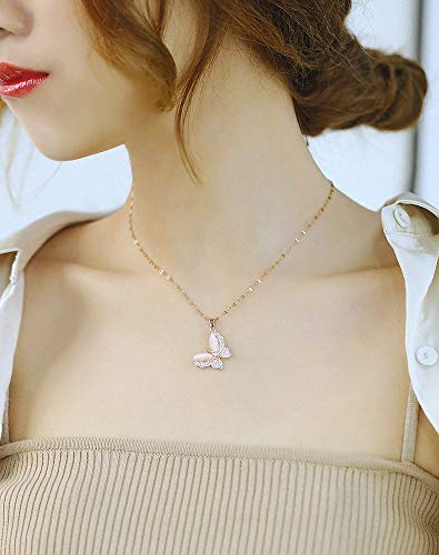 Asma Jewel House Rose Gold Stainless Steel Zircon Butterfly Pendant Necklace for Girls Women