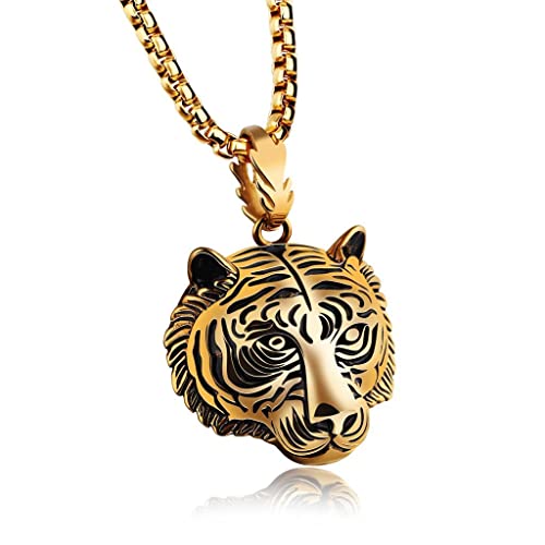 Asma Jewel House vintage domineering tiger head pendant stainless steel Necklace for Men/Boys (Gold)