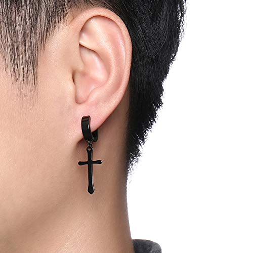 Asma Jewel House Black Cross Punk Hiphop Stainless Steel Dangle Non Pierced Earrings for Men/Boys