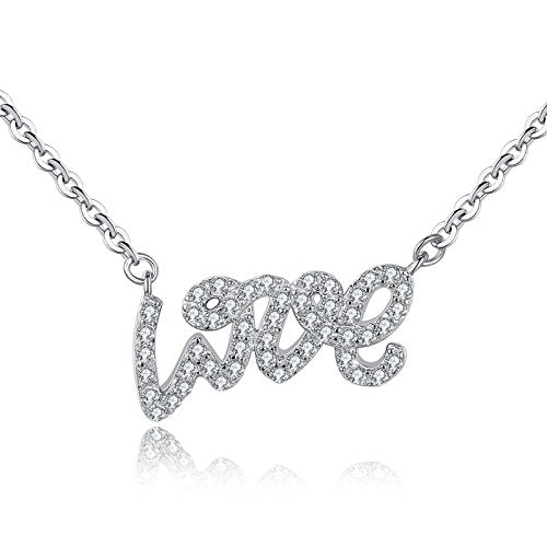 Asma Jewel House Love Letter Silver Clavicle Chain Clear CZ Micro Paved Pendant Necklace for Women and Girls