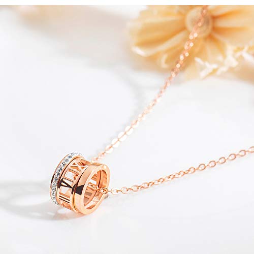 Asma Jewel House Tripple Ring Rose Gold Diamond Roman Numerals Pendant Necklace for Women Girls