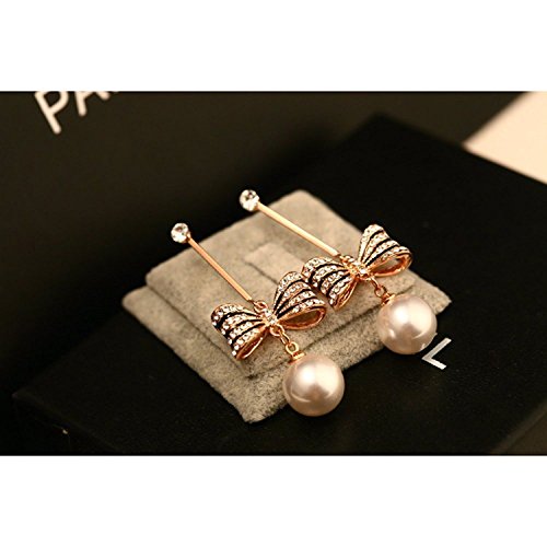 Asma Jewel House Simulated Pearl Bowknot Gold Tone Dangle White crystal Drop Earrings for women