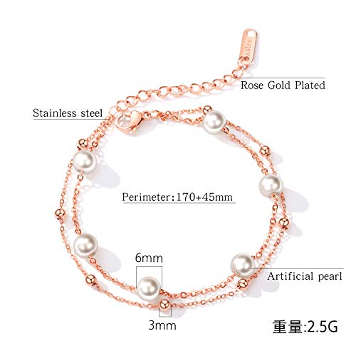 Asma Jewel House Pearl Simple and Sweet Multilayer Double Chain Bracelet Two Colors Silver and Rose Gold for Women Girls (Rose Gold)