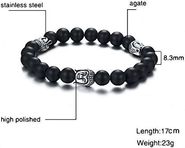 Asma Jewel House 1PC Stainless Steel Black Agate Beaded Silver Buddha Bracelet for Women & Men