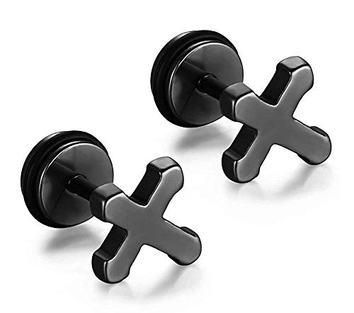 Asma Jewel House Stainless Steel Black Small Cross Stud Earrings with Screw Back for Men/Boys