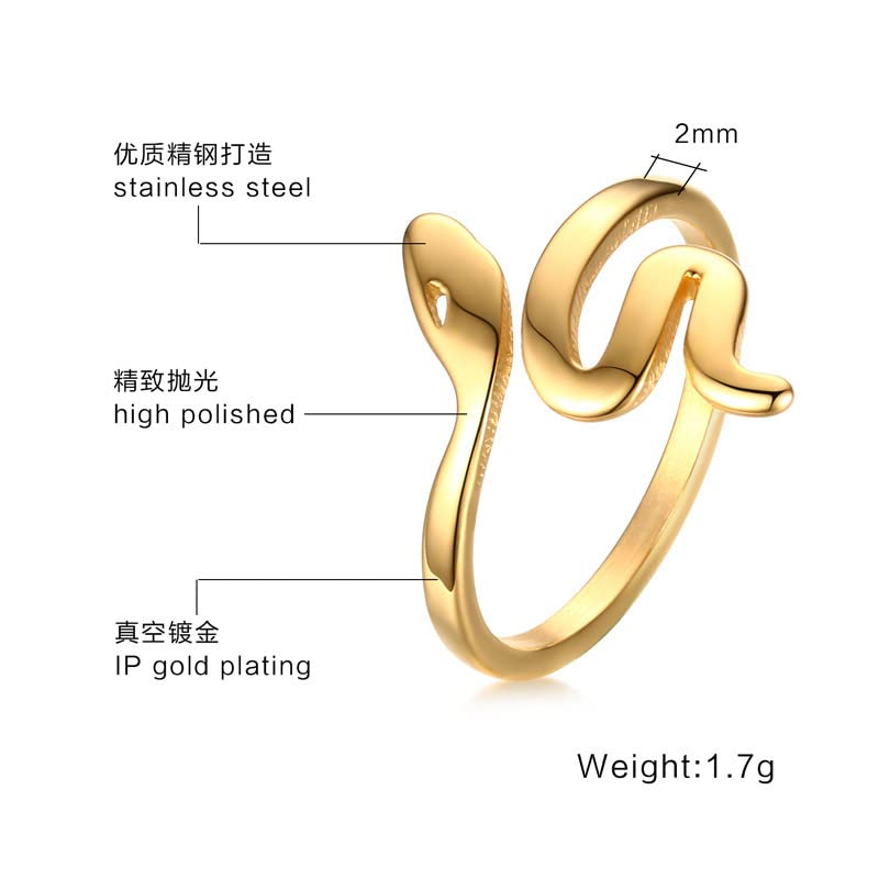 Asma Jewel House 2MM stainless steel open ring snake ring for Women (Gold)