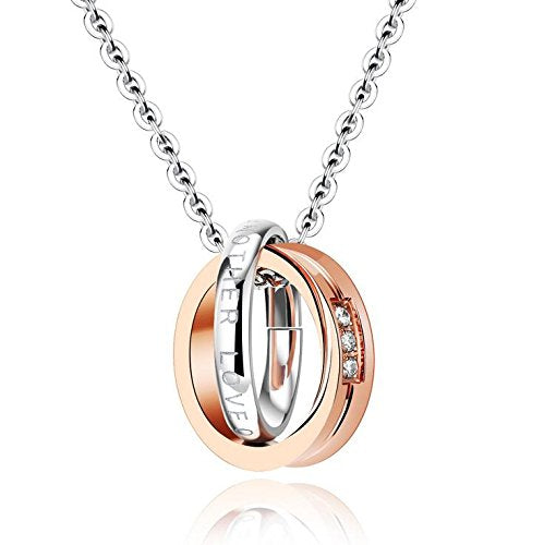 Asma Love ONE Another Double Rings Stainless Steel Zircon Pendant Necklace, Silver/Rose Gold for Couples