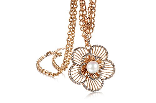 Asma Stainless Steel Rose Gold Plated Flower Design Pearl Long Chain Necklace for Women