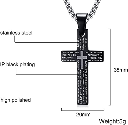 Asma Jewel House Men's Stainless Steel Lord's Prayer Bible Verse Engraved Cross Pendant Necklace,Free Chain (Black)