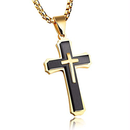 Asma Jewel House Double Cross Three Dimensional 3D Pendant Necklace 2 Colors Silver/Gold+Black Color Stainless Steel 55CM Box Link Chain for Men/Boys (Gold+Black)