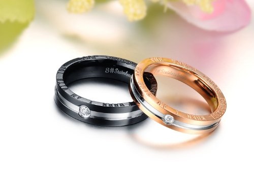 Asma Jewel House 316L Stainless Steel Black and Rose Gold Engagement/Wedding Couple Ring for Men and Women