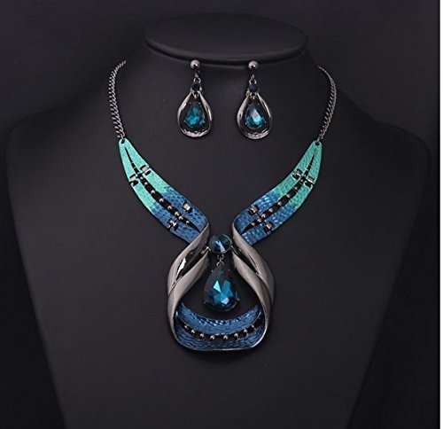 Asma Jewel House blue green big gem Crystal Statement bead collar choker necklace set with earrings for women