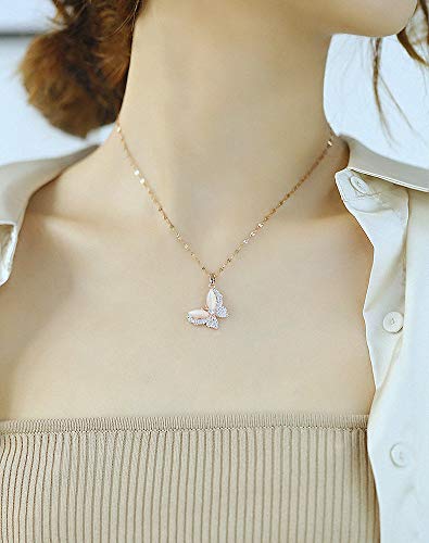 Asma Jewel House Rose Gold Stainless Steel Zircon Butterfly Pendant Necklace for Girls Women