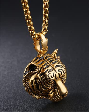 Asma Jewel House vintage domineering tiger head pendant stainless steel Necklace for Men/Boys (Gold)