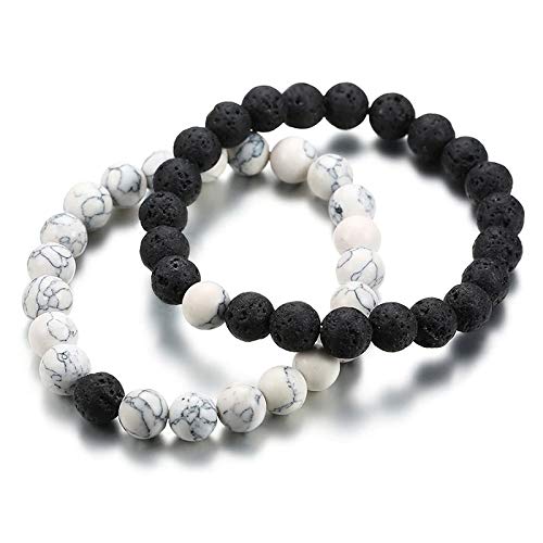 Asma Jewel House 2 Pcs Set Couples Distance Bracelets for Women Man Natural Stone White and Black Yin Yang Beads Best Friends Bracelet