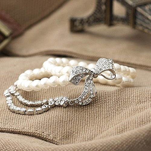 Asma Simulated Pearl Rhinestone Multi Layer Platinum Plated Bracelet for Women