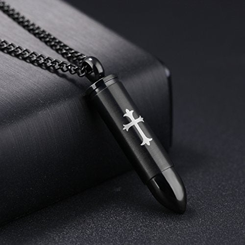 Asma Jewel House Black Bullet Cross Pendant can be Opened to Put Paper Ashes Urn Memorial Keepsake Necklace for Men/Women