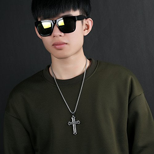 Asma Jewel House Spanish Bible Prayer Stainless Steel Three Layers Cross Pendant Necklace for Men/Boys