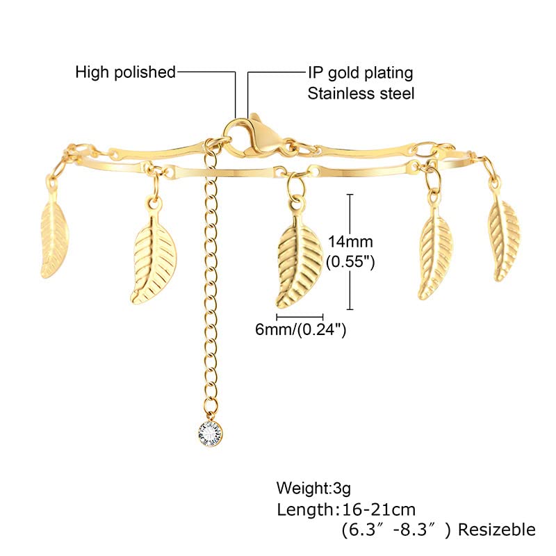 Asma Jewel House Stainless Steel Leaf Gold Color Adjustable Bracelet anklet or Women Girls