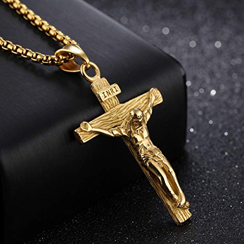 Asma Jewel House Stainless Steel Jesus Crucifix Cross Gold Plated Pendant Necklace for Men/Boys