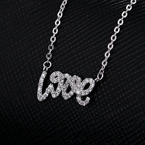 Asma Jewel House Love Letter Silver Clavicle Chain Clear CZ Micro Paved Pendant Necklace for Women and Girls