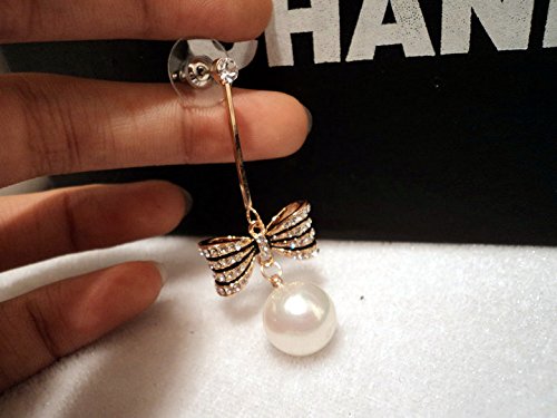 Asma Jewel House Simulated Pearl Bowknot Gold Tone Dangle White crystal Drop Earrings for women