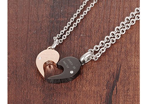 Asma Jewel House Half Heart Puzzle Lovers Pendant Necklace Romantic Black/Gold Plated Stainless Steel CZ Couple Chain with Pendant Set for Men & Women