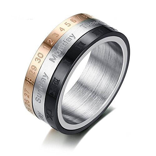 Asma Jewel House Stainless Steel Rotatable 3 Part Roman Numerals/Week/Date Charm Spinner Ring for Men/Boys