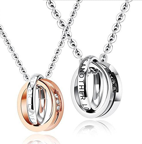 Asma Love ONE Another Double Rings Stainless Steel Zircon Pendant Necklace, Silver/Rose Gold for Couples