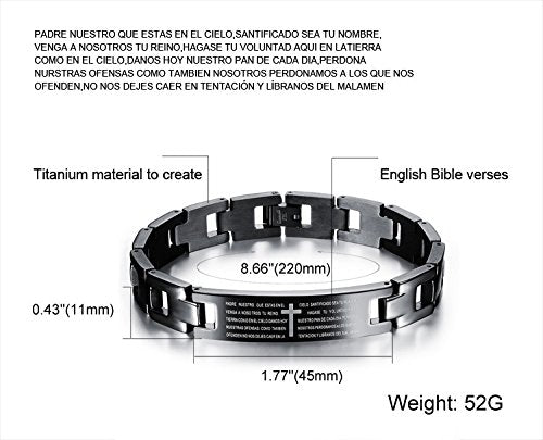 Asma Jewel House Stainless Steel Black Holy Bible Verse Christian Lord's Prayer Cross engraved bracelet for Men/Boys (Spanish)