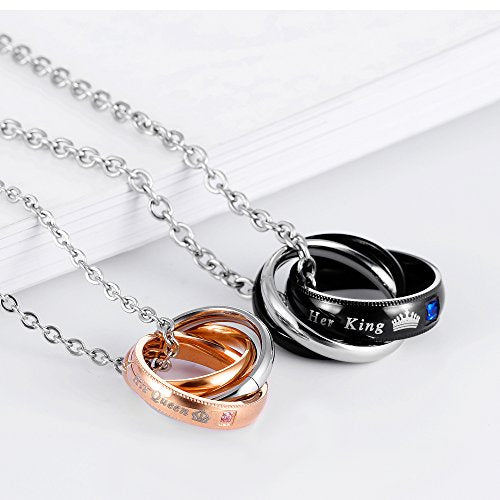 Asma Jewel House Her King & His Queen Couple Crown Tag Pendant Stainless Steel Triple Circle Couple Lovers Necklace set of 2