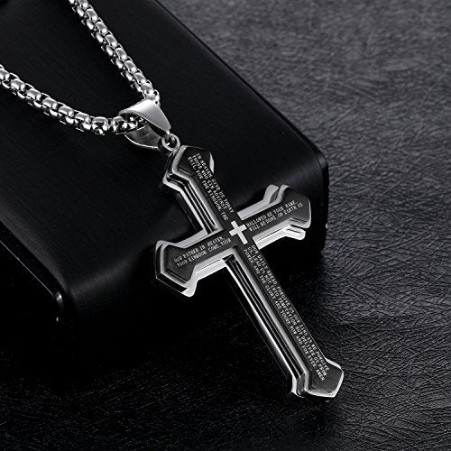 Asma Jewel House Spanish Bible Prayer Stainless Steel Three Layers Cross Pendant Necklace for Men/Boys