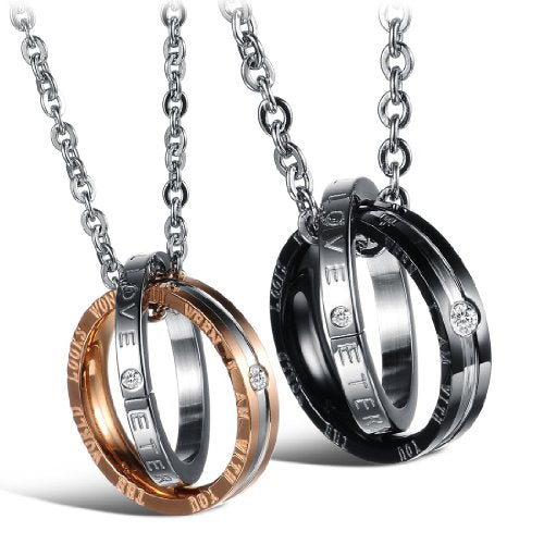 Asma Jewel House double ring ETERNAL LOVE stainless steel couple pendant necklace men and women For Lovers/couples set of 2