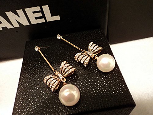 Asma Jewel House Simulated Pearl Bowknot Gold Tone Dangle White crystal Drop Earrings for women