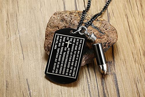 Asma Jewel House Black Stainless Steel 2 in 1 Bible English Verses Engraved Dog Tag Pendant Bullet Ashes Cremation Urn Necklace for Men