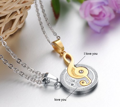 Asma Stainless Steel Couple Necklaces Inlaid Crystal Personalized Gold Musical Note and Silver Circle Puzzle Chain for Lovers Gift