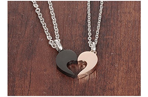 Asma Jewel House Half Heart Puzzle Lovers Pendant Necklace Romantic Black/Gold Plated Stainless Steel CZ Couple Chain with Pendant Set for Men & Women