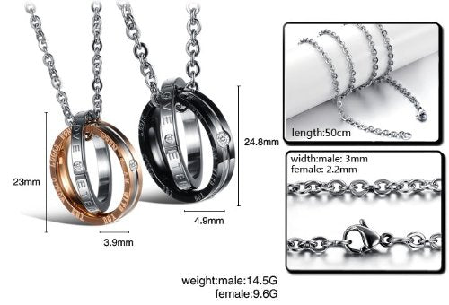 Asma Jewel House double ring ETERNAL LOVE stainless steel couple pendant necklace men and women For Lovers/couples set of 2