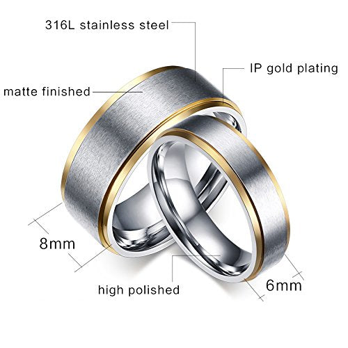 Asma Jewel House 2-Tone Stainless Steel Metal Brush Finish Simple Design Promise Band Couple Ring for Men and Women