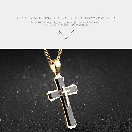 Asma Jewel House Double Cross Three Dimensional 3D Pendant Necklace 2 Colors Silver/Gold+Black Color Stainless Steel 55CM Box Link Chain for Men/Boys (Gold+Black)